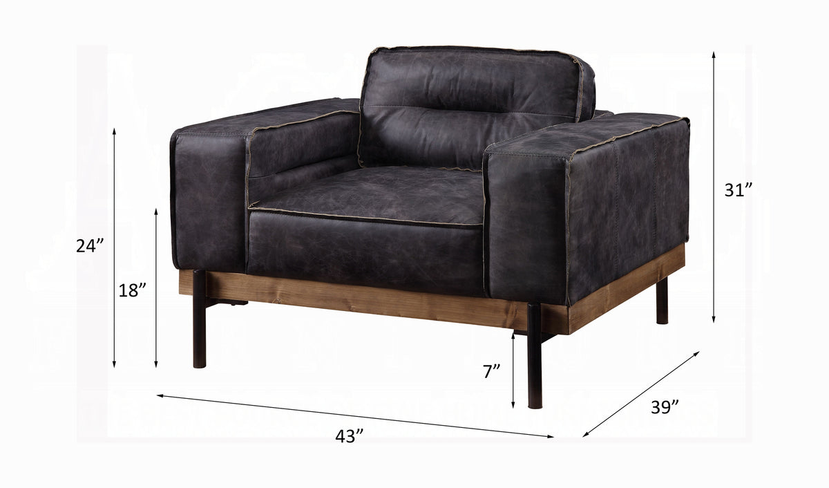 Antique Ebony Top-Grain Leather Lounge Chair with Wood & Metal Frame