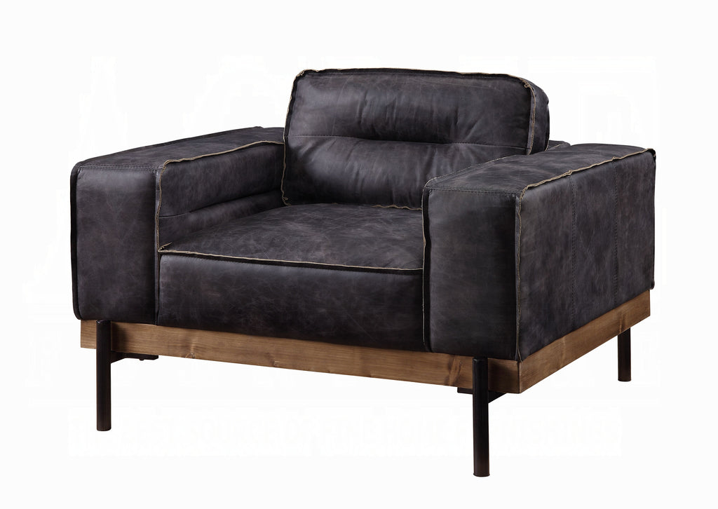 Antique Ebony Top-Grain Leather Lounge Chair with Wood & Metal Frame