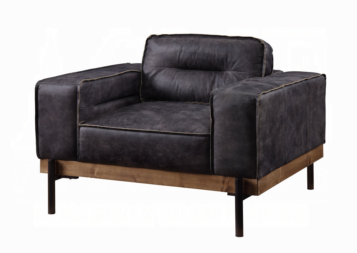Antique Ebony Top-Grain Leather Lounge Chair with Wood & Metal Frame