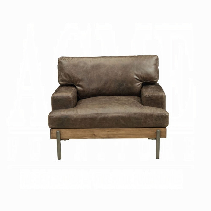 Vintage-Inspired Top Grain Leather Accent Chair with Oak Wood Base – Distressed Chocolate