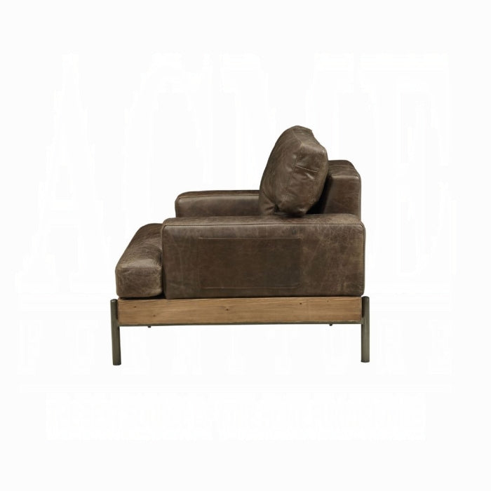 Vintage-Inspired Top Grain Leather Accent Chair with Oak Wood Base – Distressed Chocolate