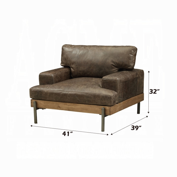 Vintage-Inspired Top Grain Leather Accent Chair with Oak Wood Base – Distressed Chocolate