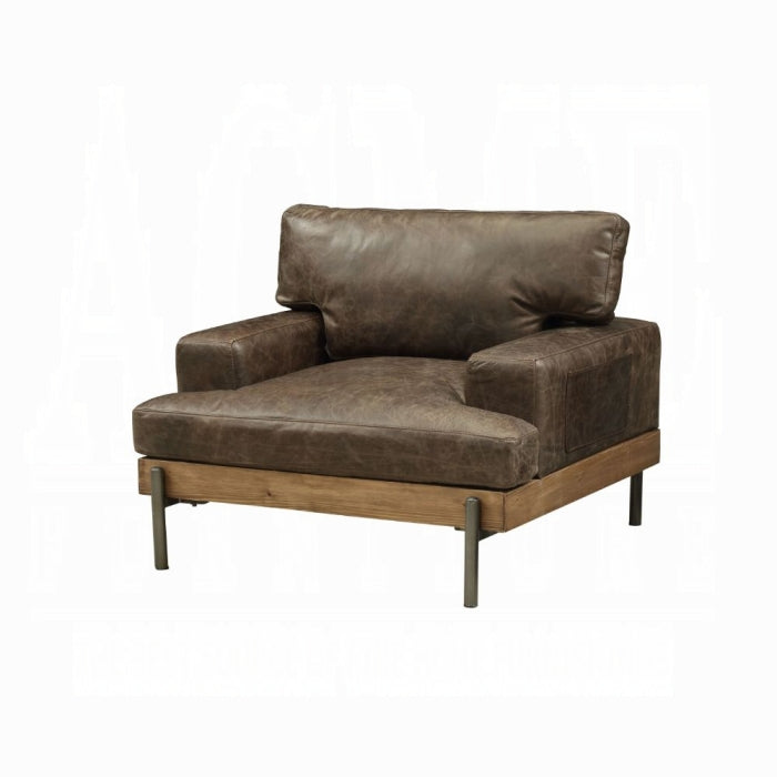Vintage-Inspired Top Grain Leather Accent Chair with Oak Wood Base – Distressed Chocolate