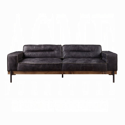 Antique Ebony Top-Grain Leather Sofa with Solid Wood Base – 96"