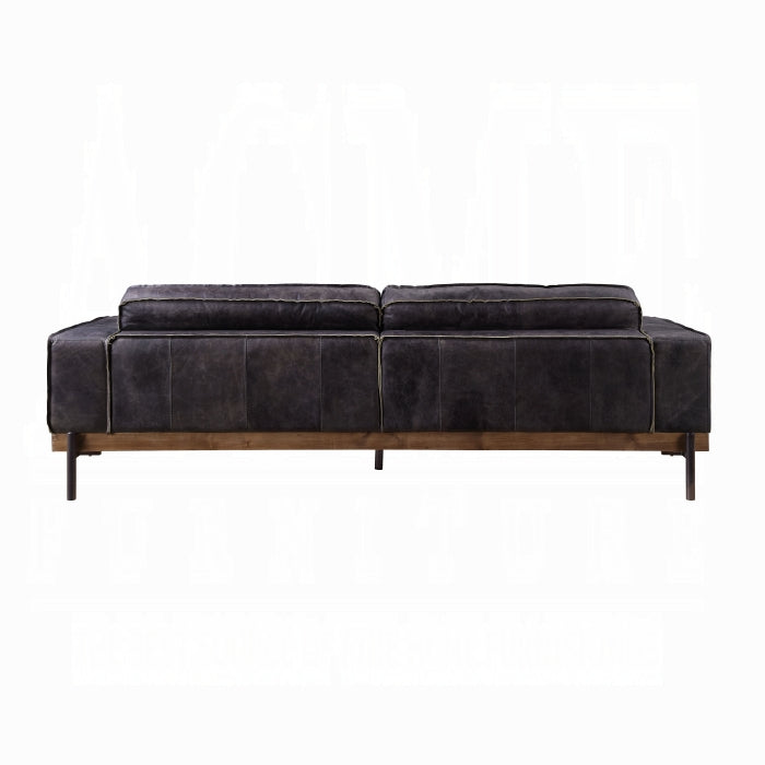 Antique Ebony Top-Grain Leather Sofa with Solid Wood Base – 96"