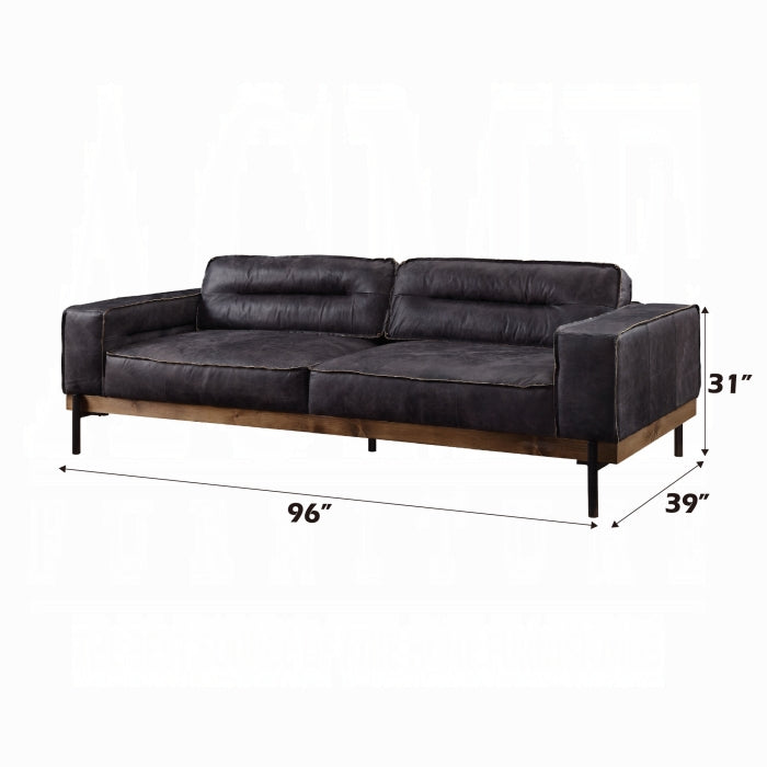Antique Ebony Top-Grain Leather Sofa with Solid Wood Base – 96"