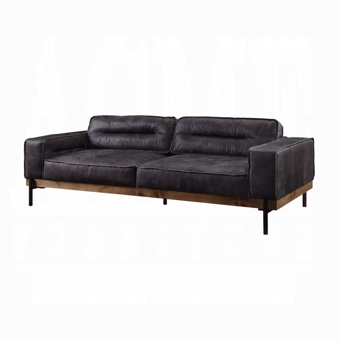 Antique Ebony Top-Grain Leather Sofa with Solid Wood Base – 96"
