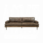Vintage-Inspired Top Grain Leather Sofa with Oak Wood Base & Metal Legs – Distressed Chocolate