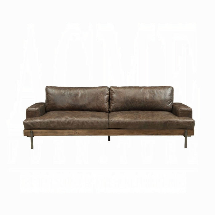 Vintage-Inspired Top Grain Leather Sofa with Oak Wood Base & Metal Legs – Distressed Chocolate