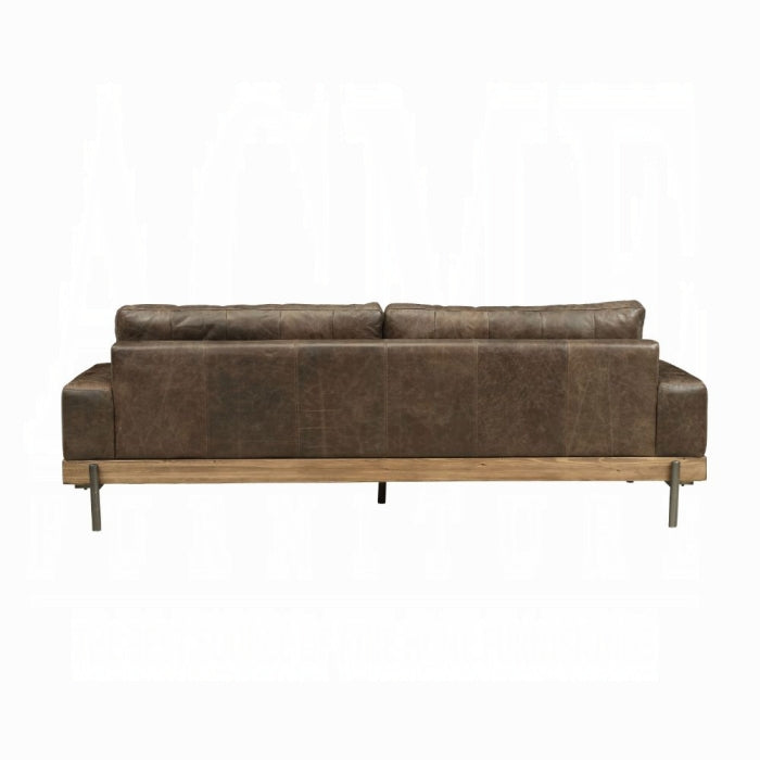 Vintage-Inspired Top Grain Leather Sofa with Oak Wood Base & Metal Legs – Distressed Chocolate