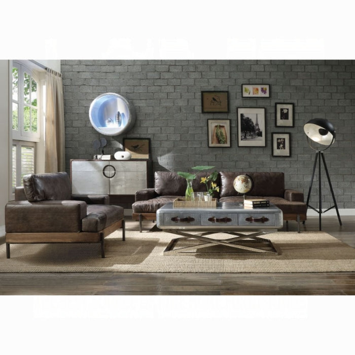 Vintage-Inspired Top Grain Leather Sofa with Oak Wood Base & Metal Legs – Distressed Chocolate
