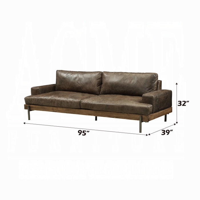 Vintage-Inspired Top Grain Leather Sofa with Oak Wood Base & Metal Legs – Distressed Chocolate
