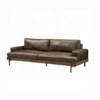 Vintage-Inspired Top Grain Leather Sofa with Oak Wood Base & Metal Legs – Distressed Chocolate