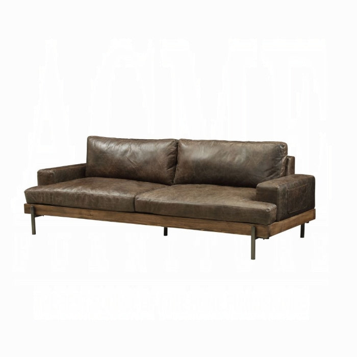 Vintage-Inspired Top Grain Leather Sofa with Oak Wood Base & Metal Legs – Distressed Chocolate