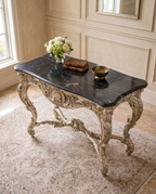 Silver Rococo Console Table with Black Marble Top