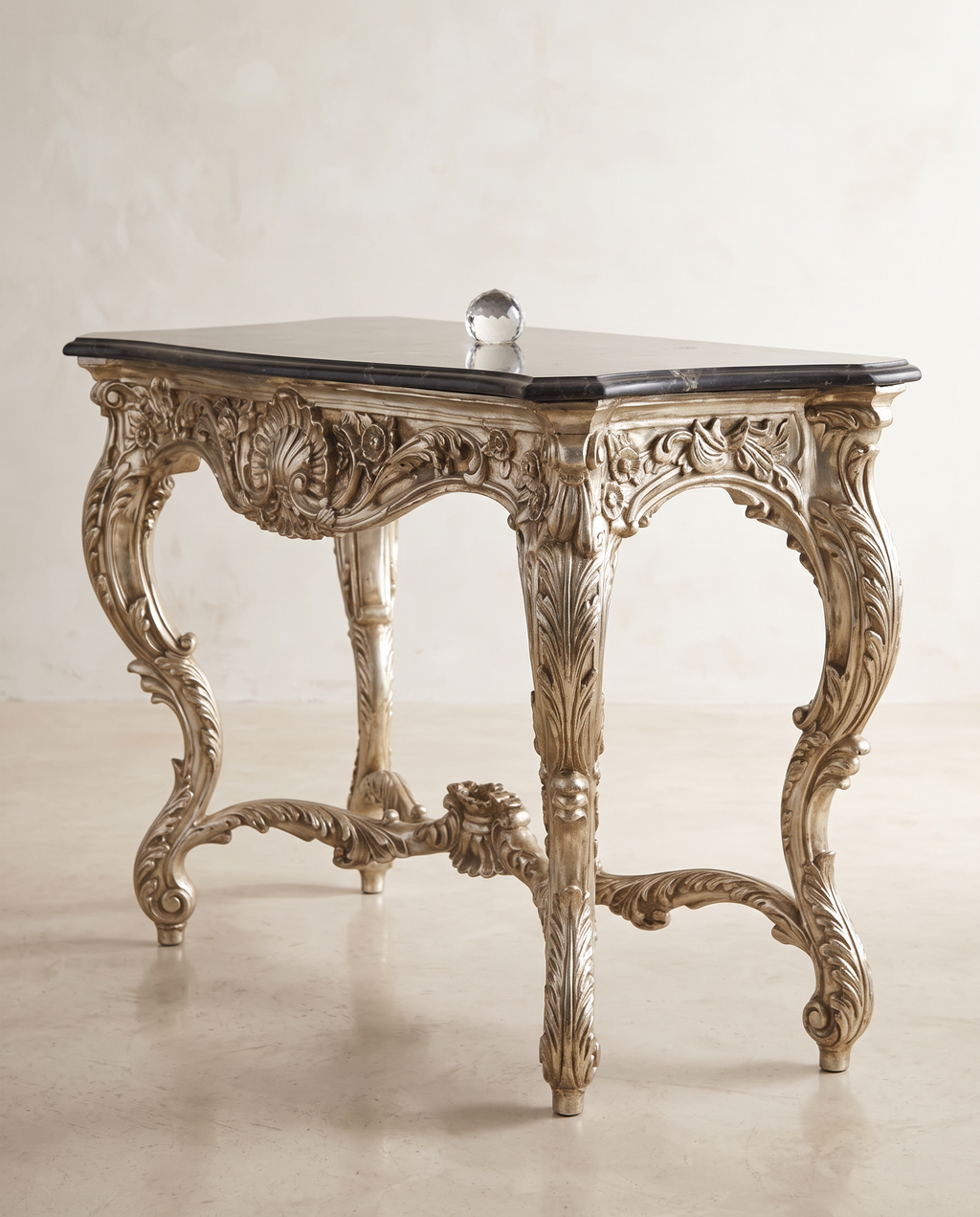 Silver Rococo Console Table with Black Marble Top
