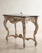 Silver Rococo Console Table with Black Marble Top