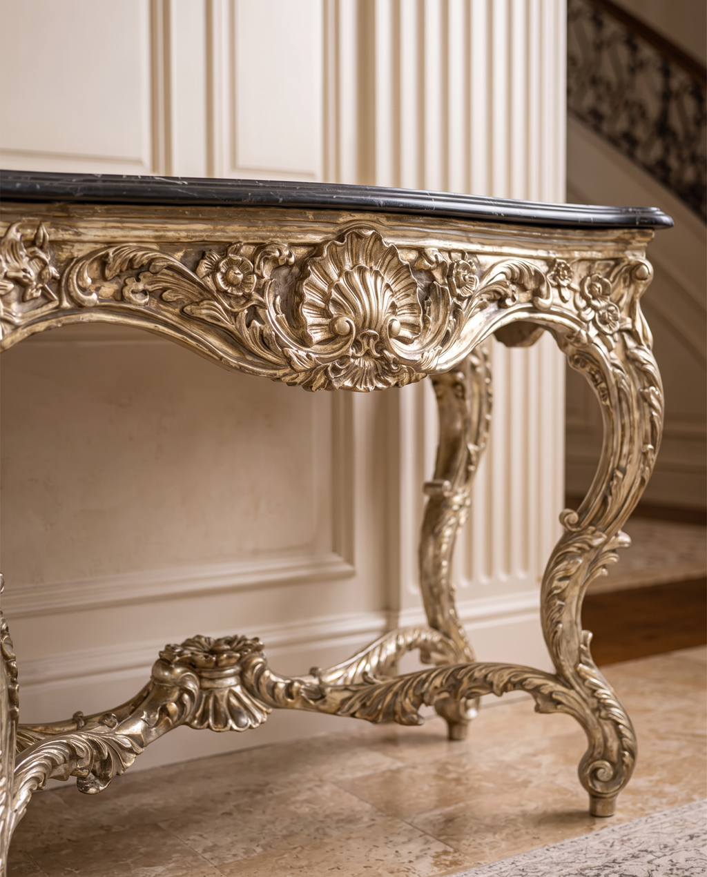Silver Rococo Console Table with Black Marble Top