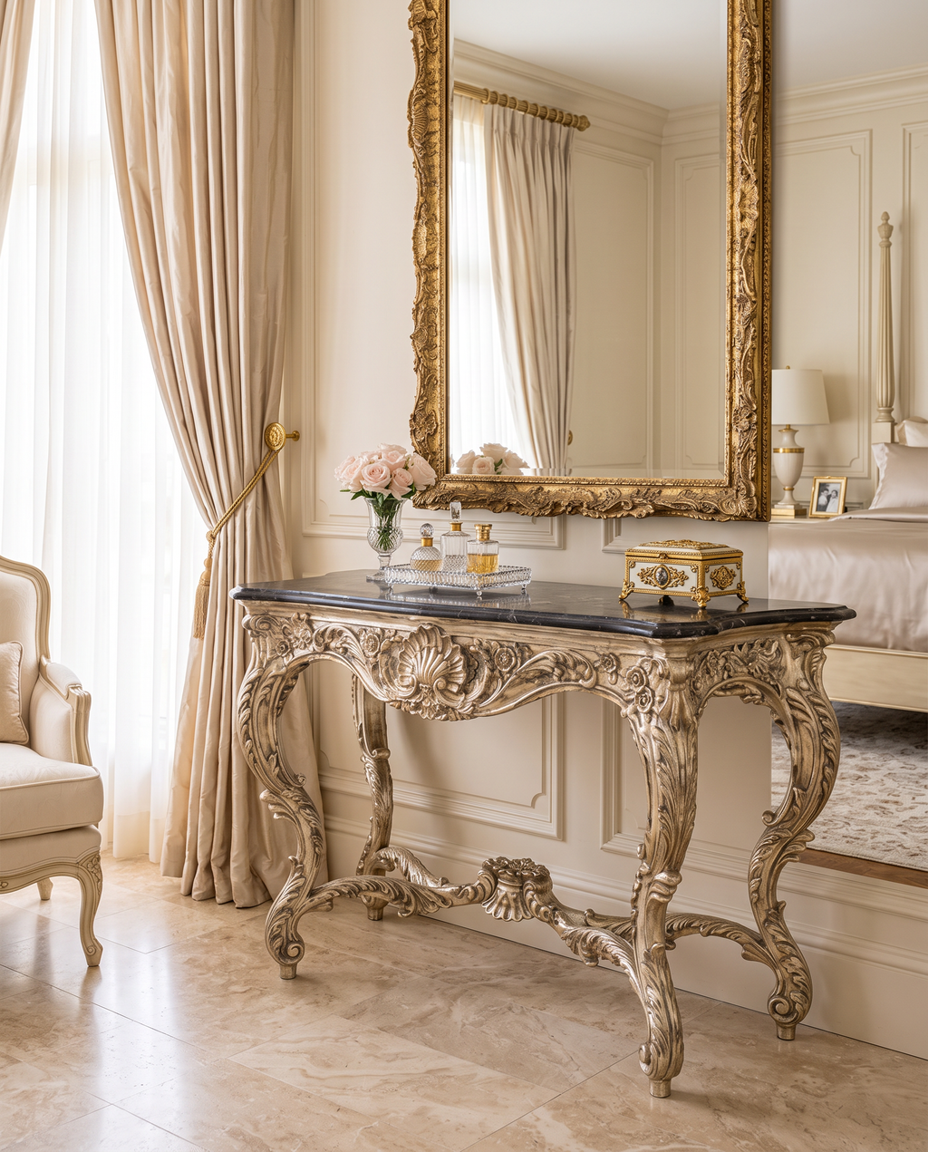Silver Rococo Console Table with Black Marble Top