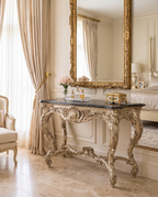 Silver Rococo Console Table with Black Marble Top