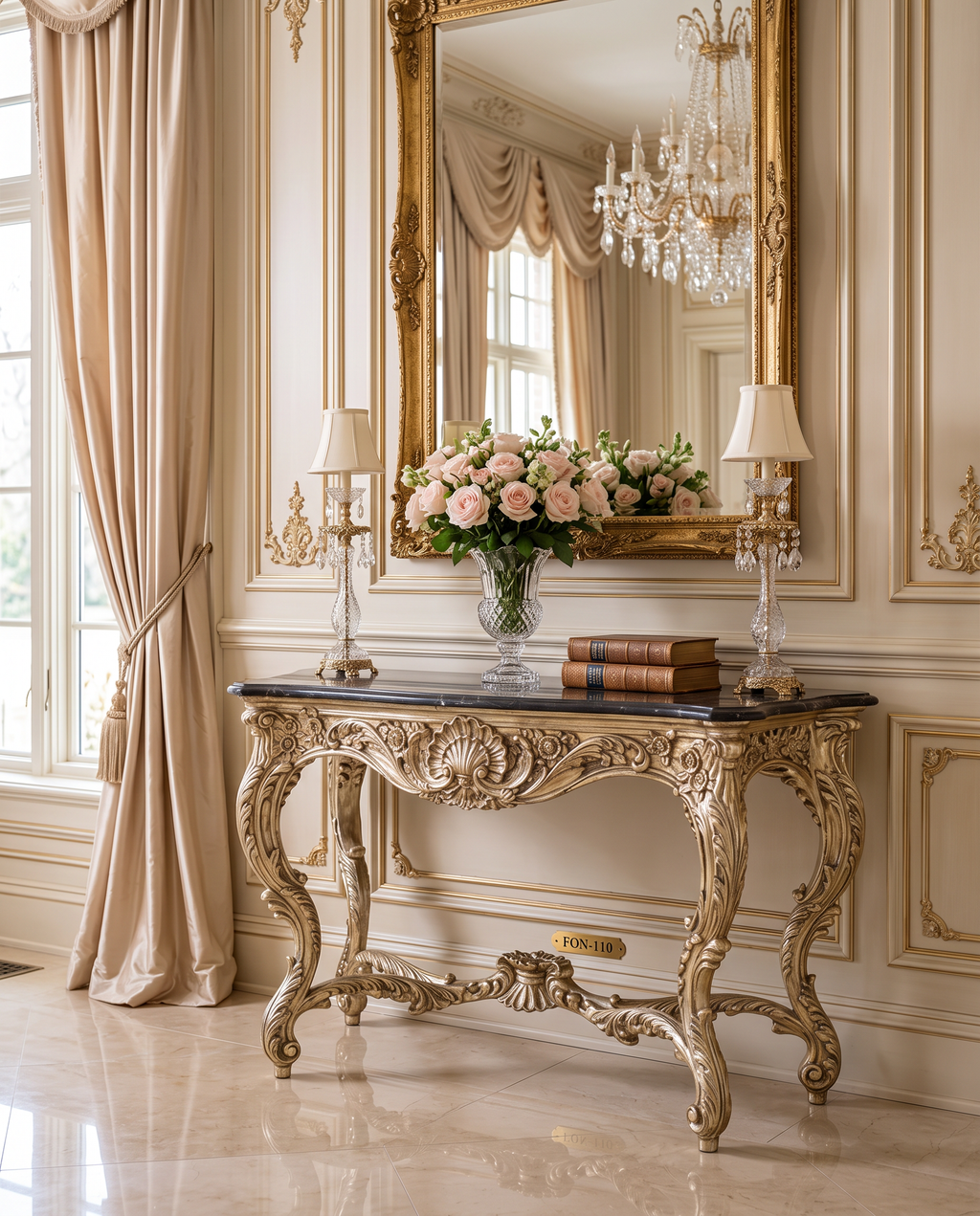 Silver Rococo Console Table with Black Marble Top