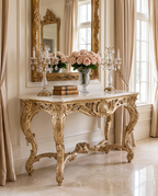 Silver Rococo Console Table with Black Marble Top