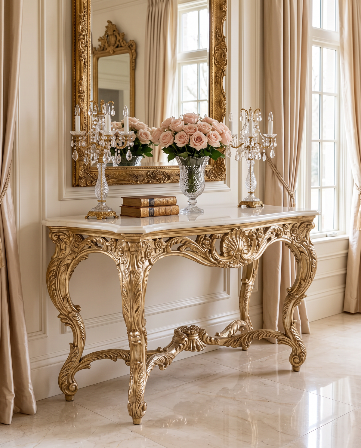 Silver Rococo Console Table with Black Marble Top