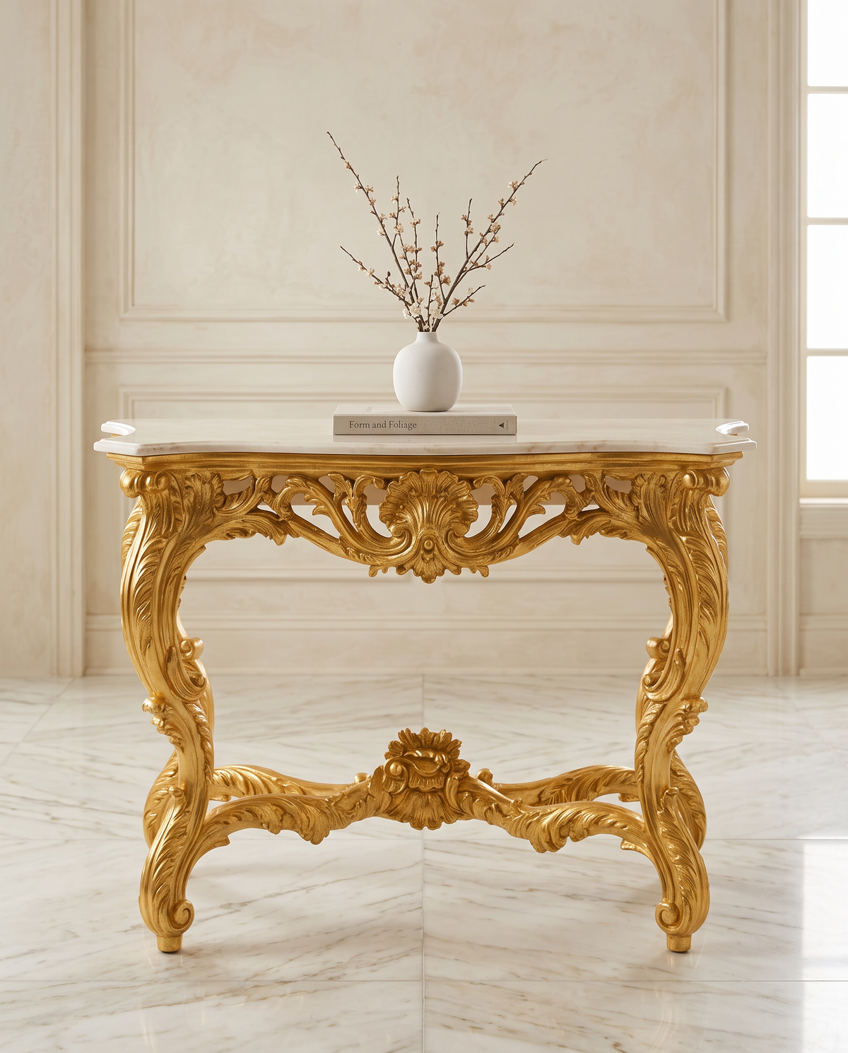 Versailles Rococo Console Table – Bright Gold & Ivory Marble
