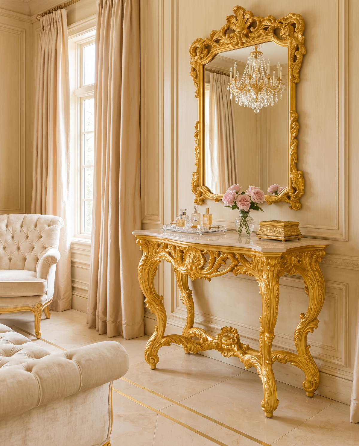 Versailles Rococo Console Table – Bright Gold & Ivory Marble