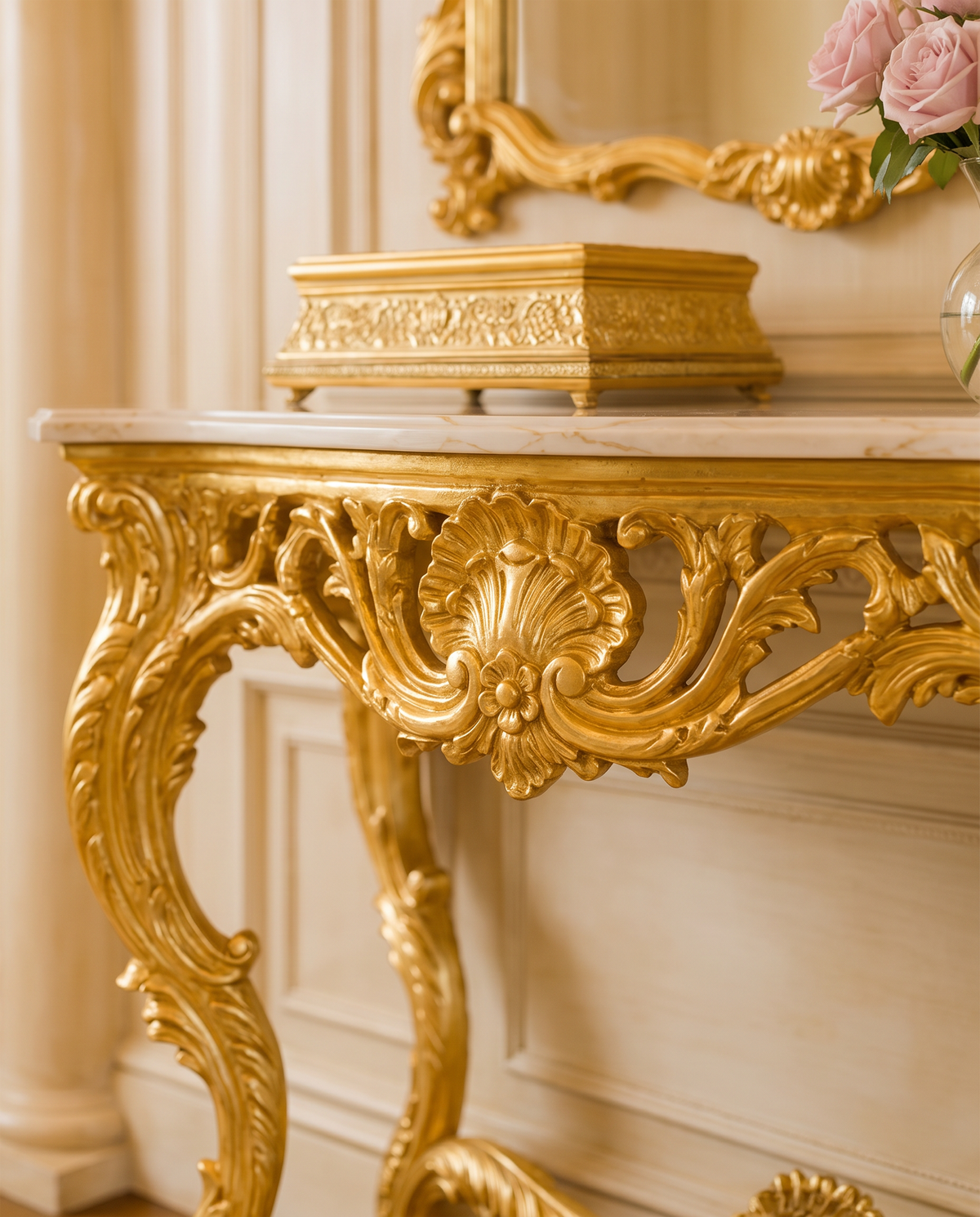 Versailles Rococo Console Table – Bright Gold & Ivory Marble
