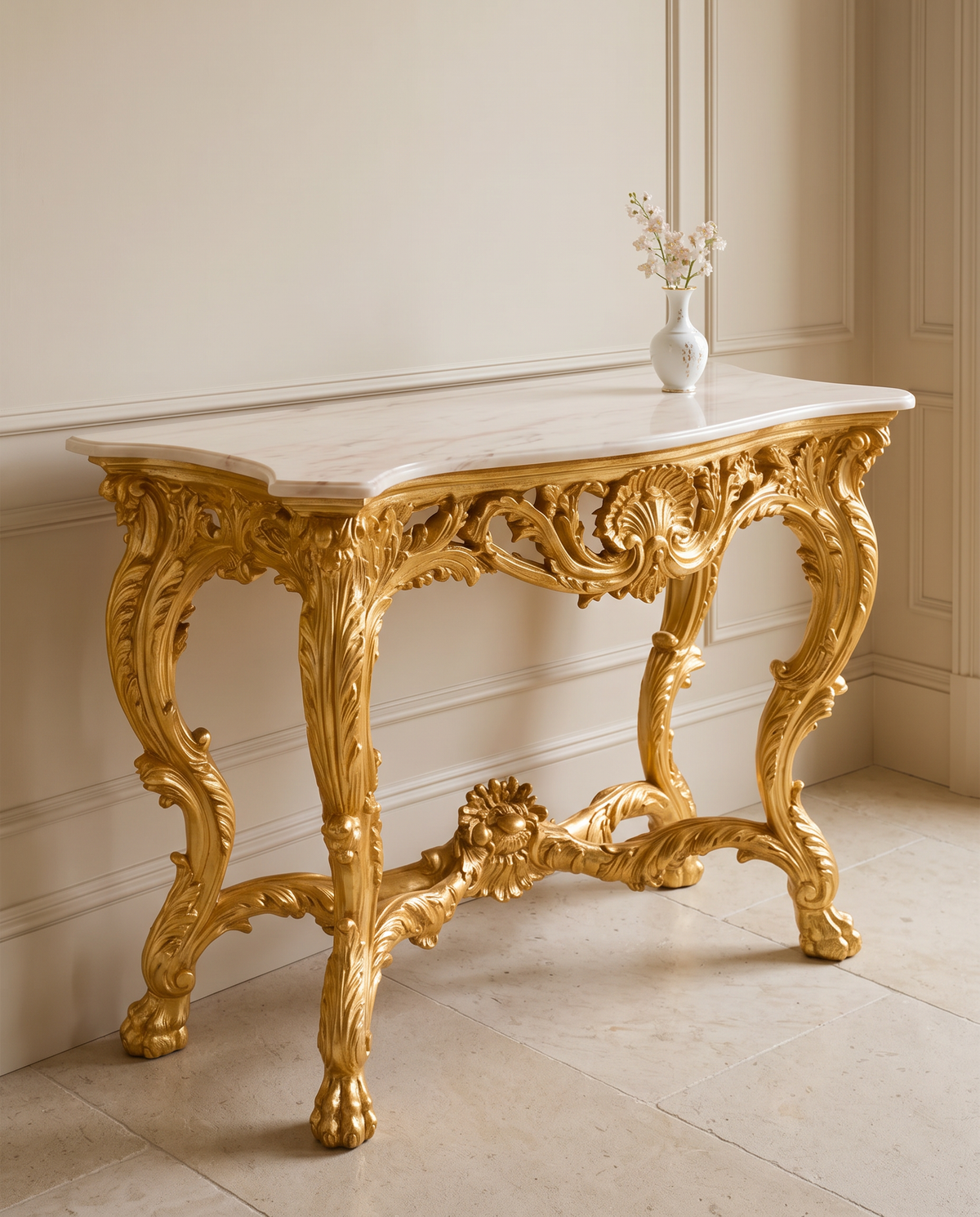 Versailles Rococo Console Table – Bright Gold & Ivory Marble