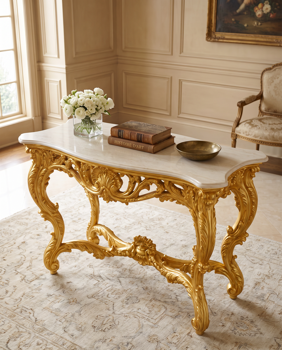 Versailles Rococo Console Table – Bright Gold & Ivory Marble