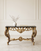 Wide Baroque Console Table with Dark Marble & Gold Base