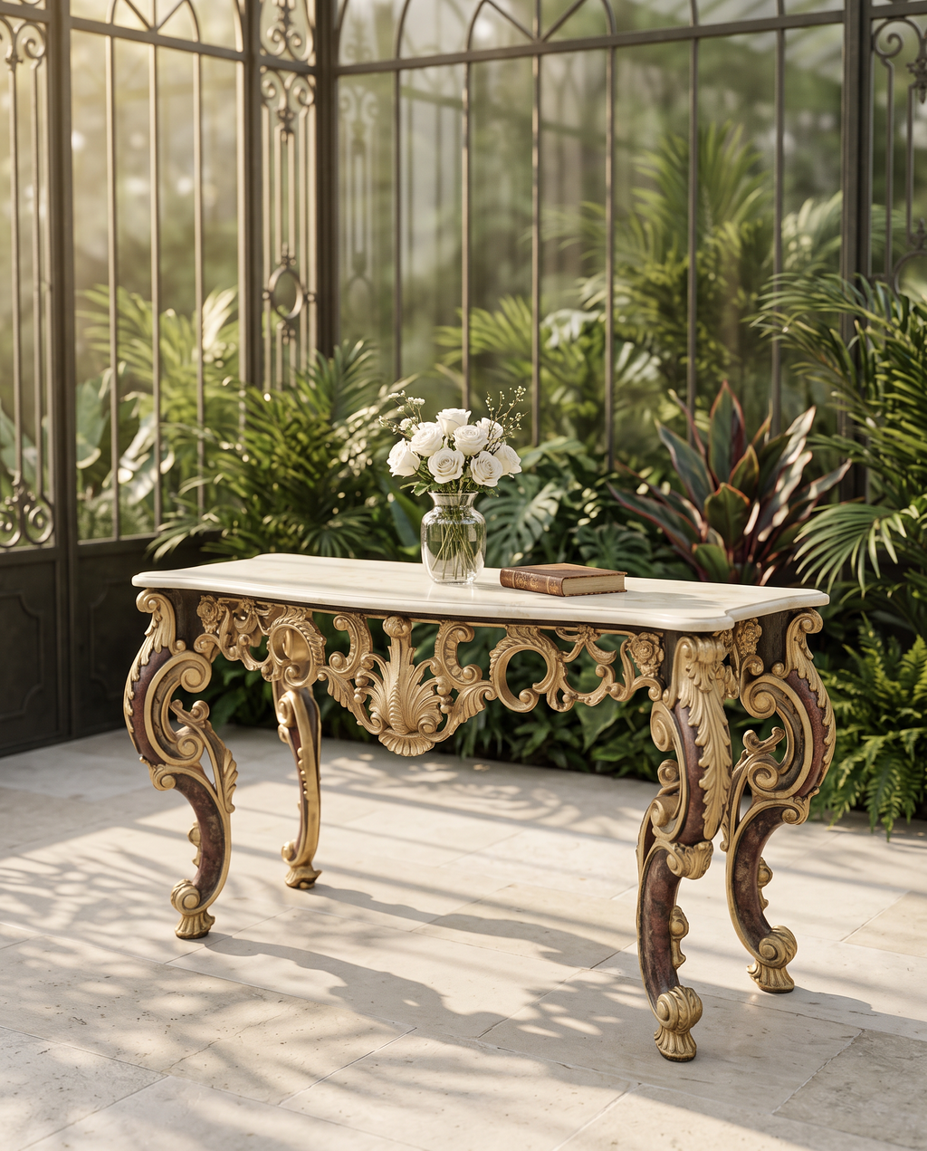 Wide Baroque Console Table with Dark Marble & Gold Base