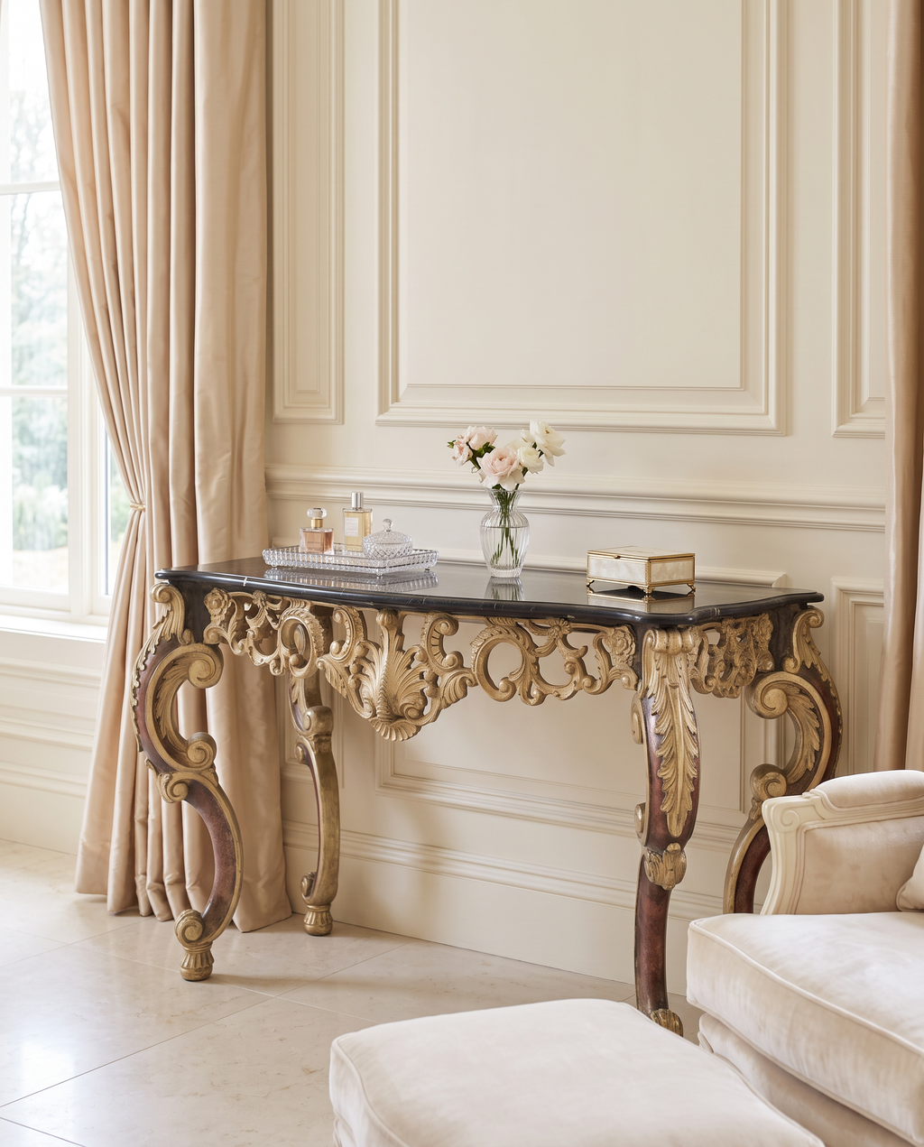 Wide Baroque Console Table with Dark Marble & Gold Base