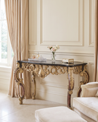 Wide Baroque Console Table with Dark Marble & Gold Base