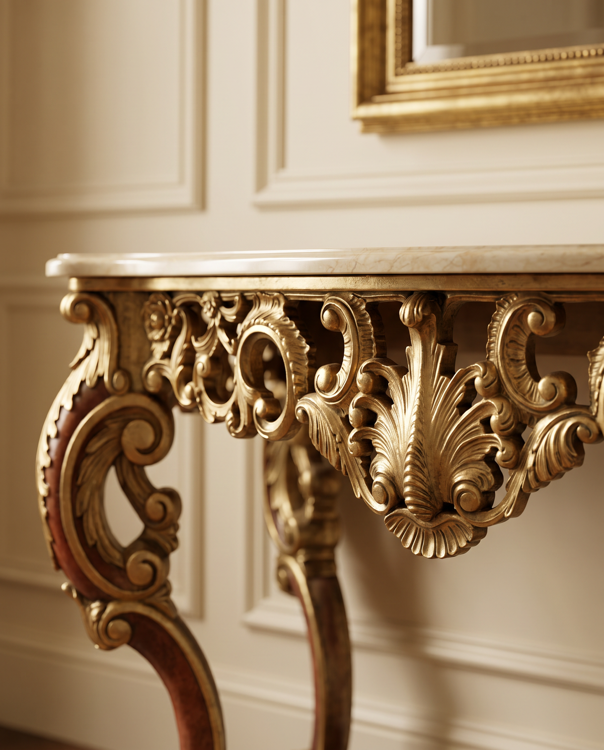 Wide Baroque Console Table with Dark Marble & Gold Base