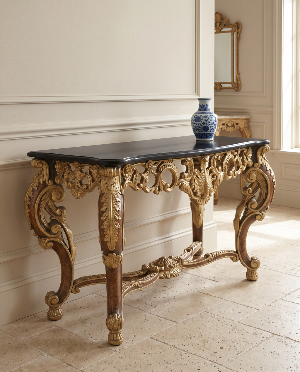 Wide Baroque Console Table with Dark Marble & Gold Base