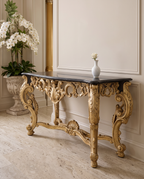Wide Baroque Console Table with Dark Marble & Gold Base