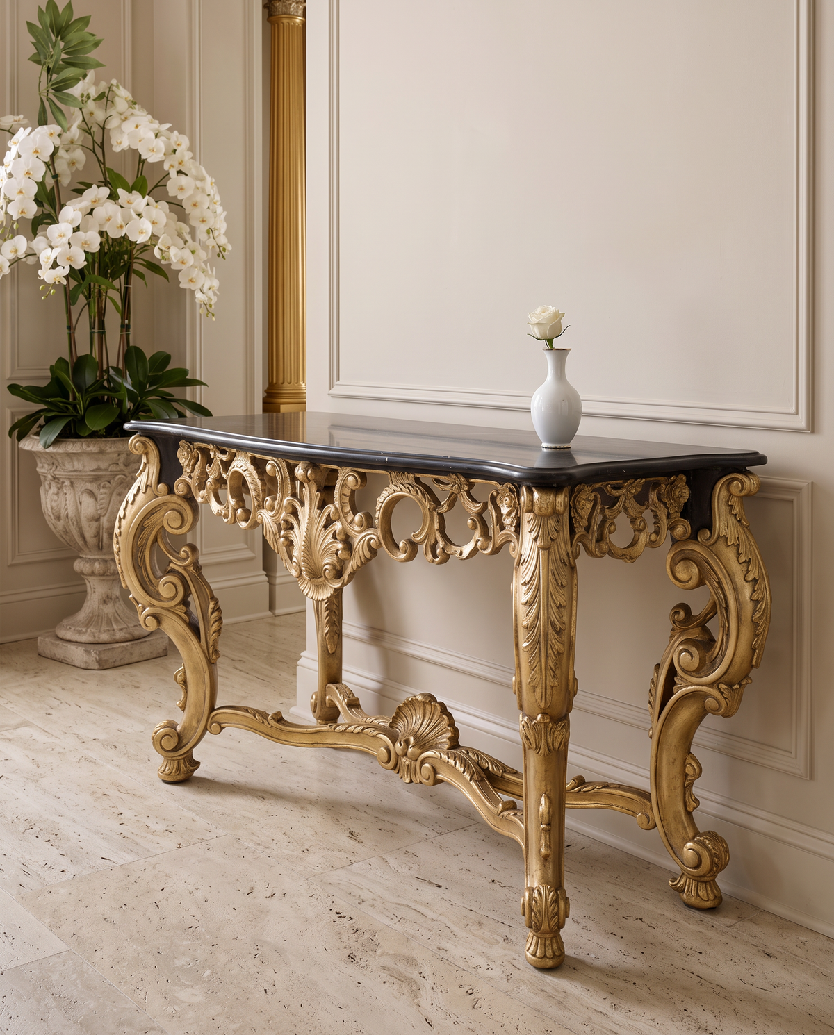 Wide Baroque Console Table with Dark Marble & Gold Base