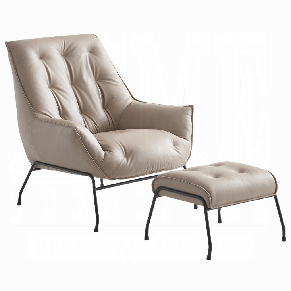 Modern Top-Grain Leather Accent Chair with Matching Ottoman — Choice of Sandstone or Khaki
