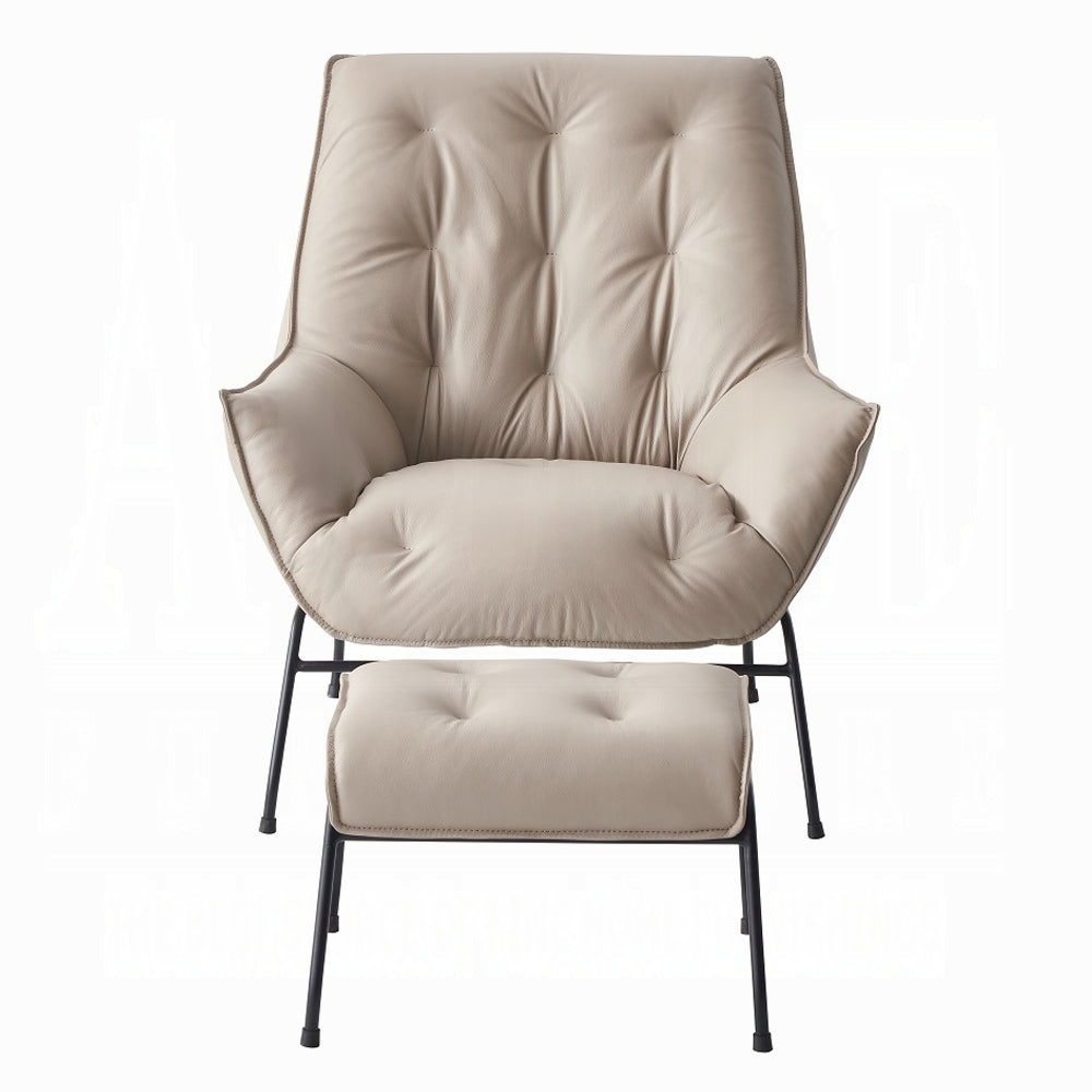 Modern Top-Grain Leather Accent Chair with Matching Ottoman — Choice of Sandstone or Khaki