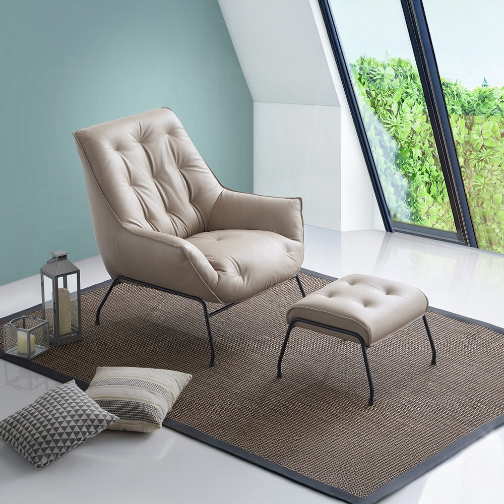 Modern Top-Grain Leather Accent Chair with Matching Ottoman — Choice of Sandstone or Khaki