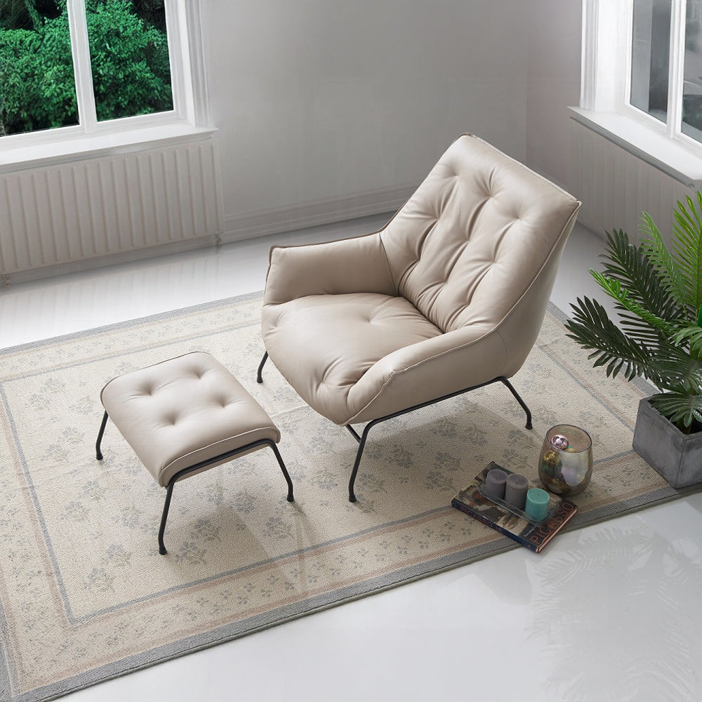 Modern Top-Grain Leather Accent Chair with Matching Ottoman — Choice of Sandstone or Khaki