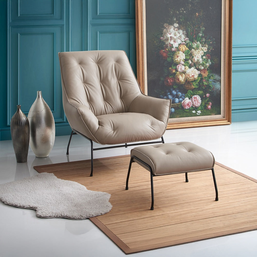 Modern Top-Grain Leather Accent Chair with Matching Ottoman — Choice of Sandstone or Khaki
