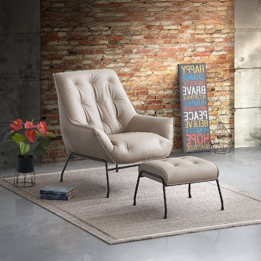 Modern Top-Grain Leather Accent Chair with Matching Ottoman — Choice of Sandstone or Khaki