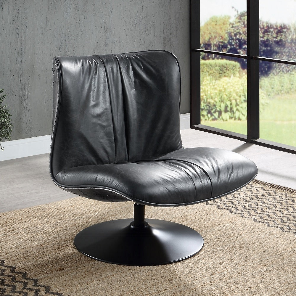 Vellmont Modern Black Top-Grain Leather Swivel Lounge Chair