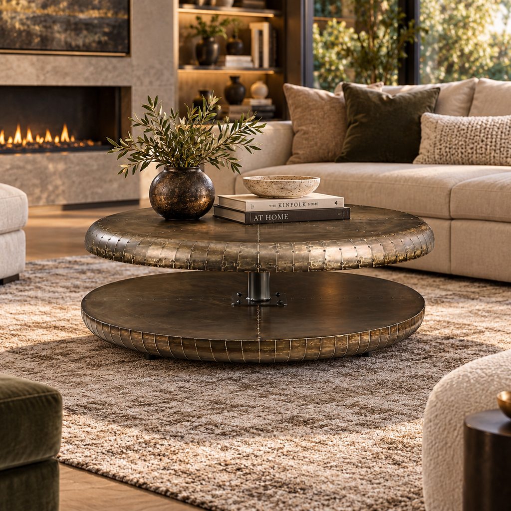 Aurelius Bronze Swivel Coffee Table – 39" Round Two-Tier Contemporary Luxury Design