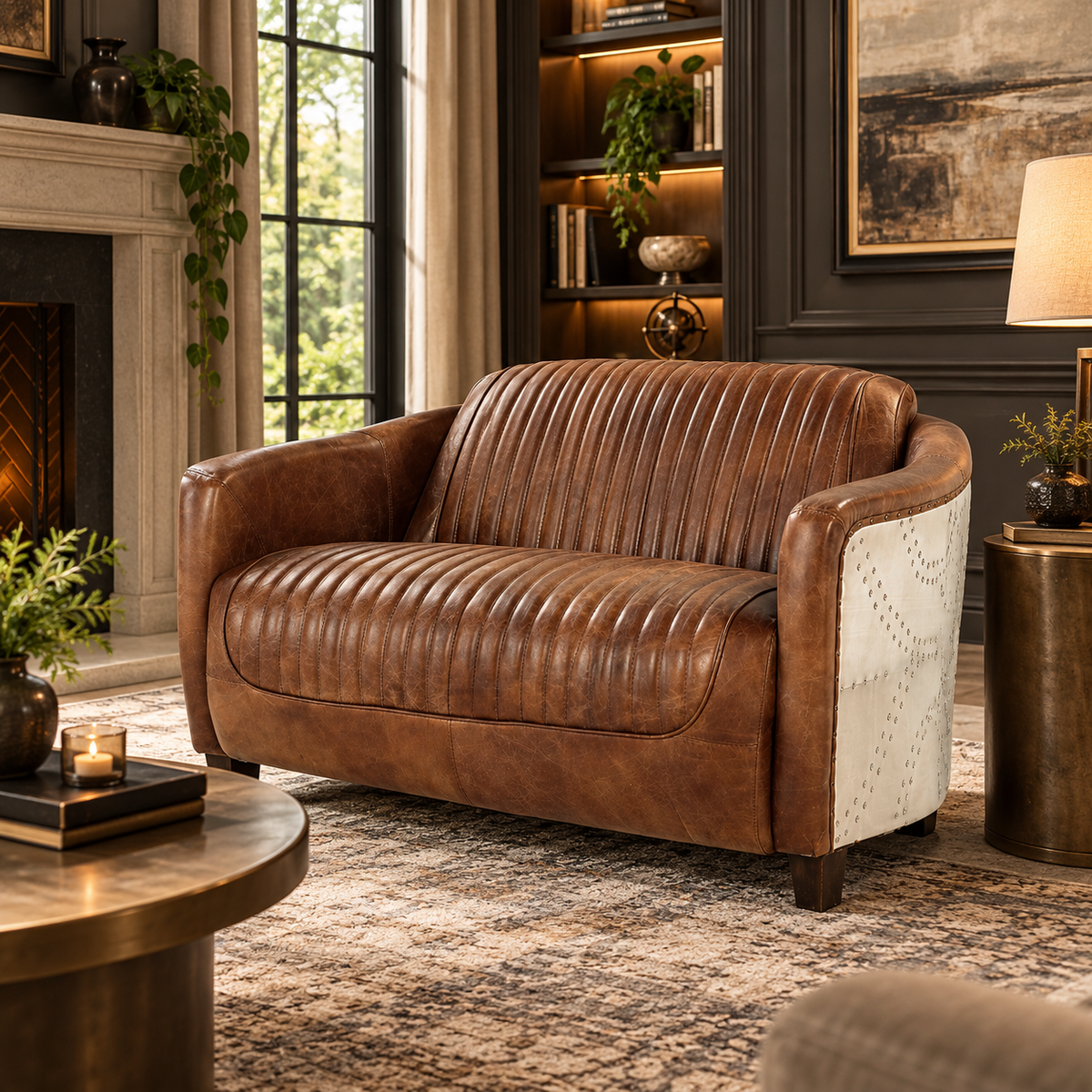 Vintage Aviator Brown Top-Grain Leather Loveseat with Riveted Aluminum Frame