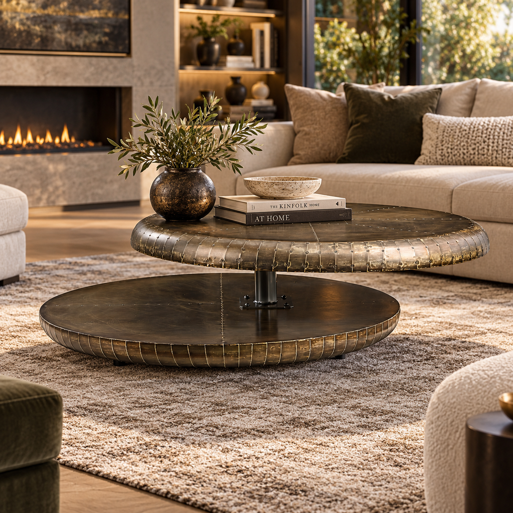 Aurelius Bronze Swivel Coffee Table – 39" Round Two-Tier Contemporary Luxury Design